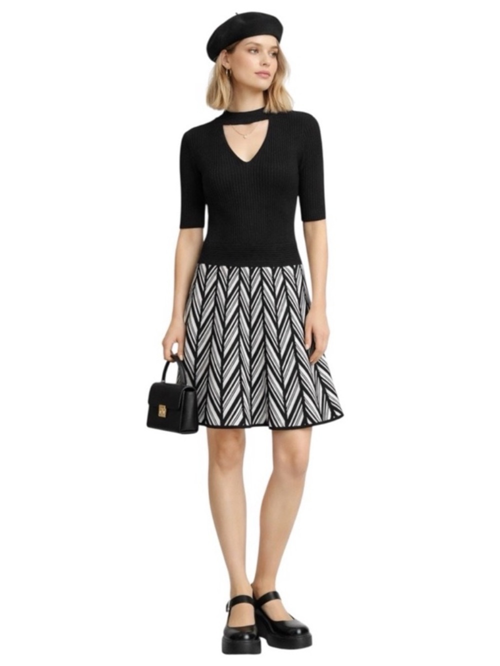 Candie’s Y2K Black Ribbed Knit Fit Flare Dress - Keyhole Choker - Size M